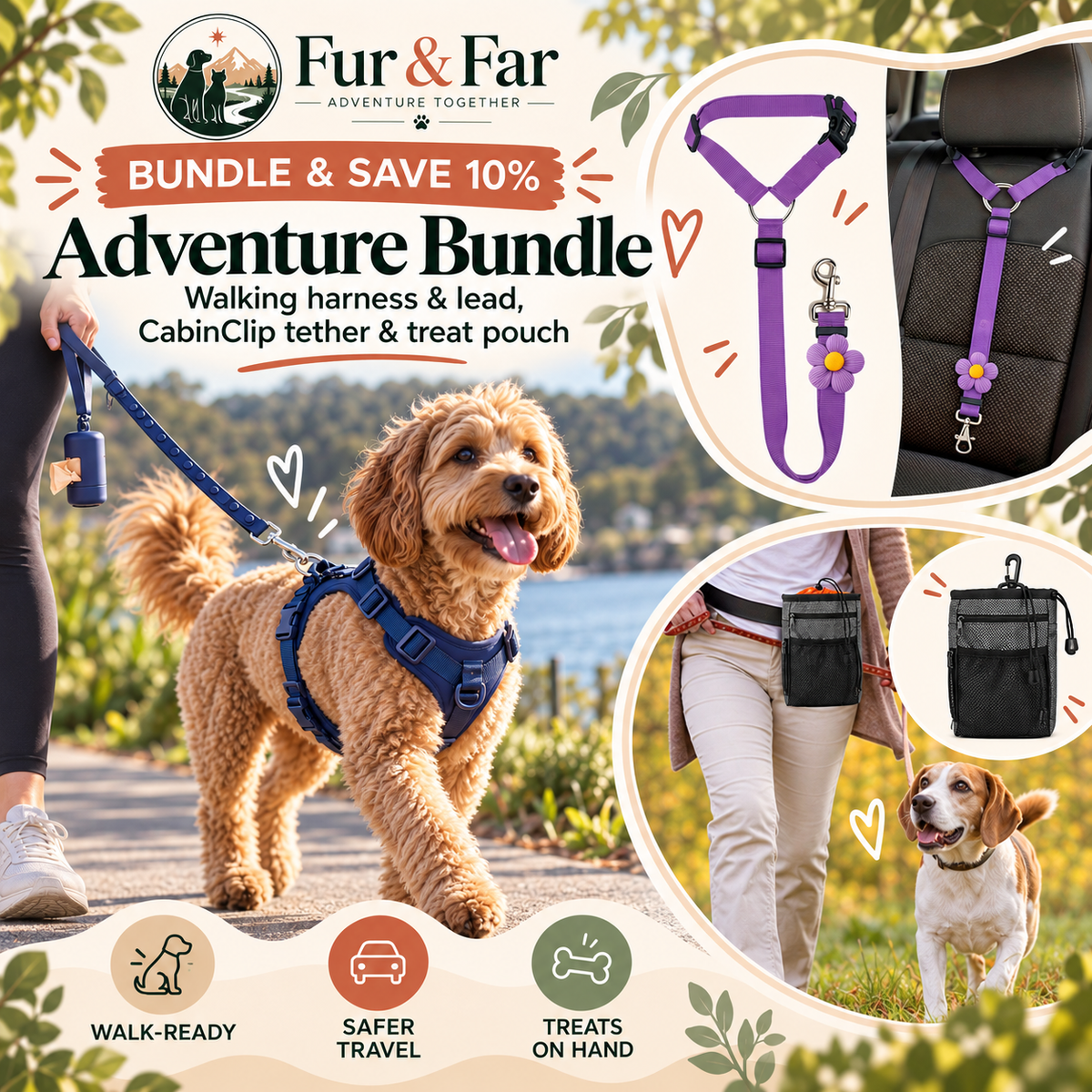 Fur & Far 'Adventure & Save 10% Bundle' dog accessories set featuring a purple walking harness with flower charm, a blue leash, a black CabinClip tether pouch, and a dog walking on a path with a person visible in outdoor lifestyle scenes.