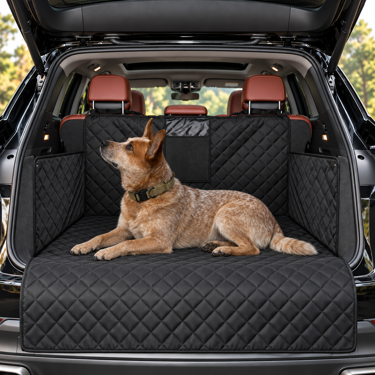A tan and white dog lies on a black quilted car trunk liner inside an open SUV trunk, with the vehicle interior and rear seats visible behind the dog.
