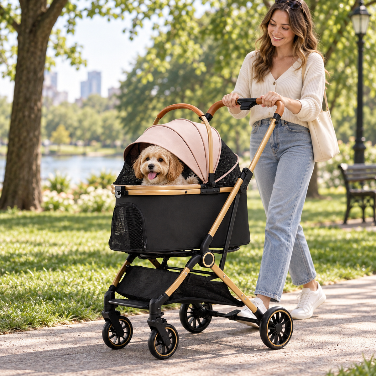 Woman walking with a small dog in the FoldDash pet stroller