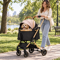 Woman walking with a small dog in the FoldDash pet stroller