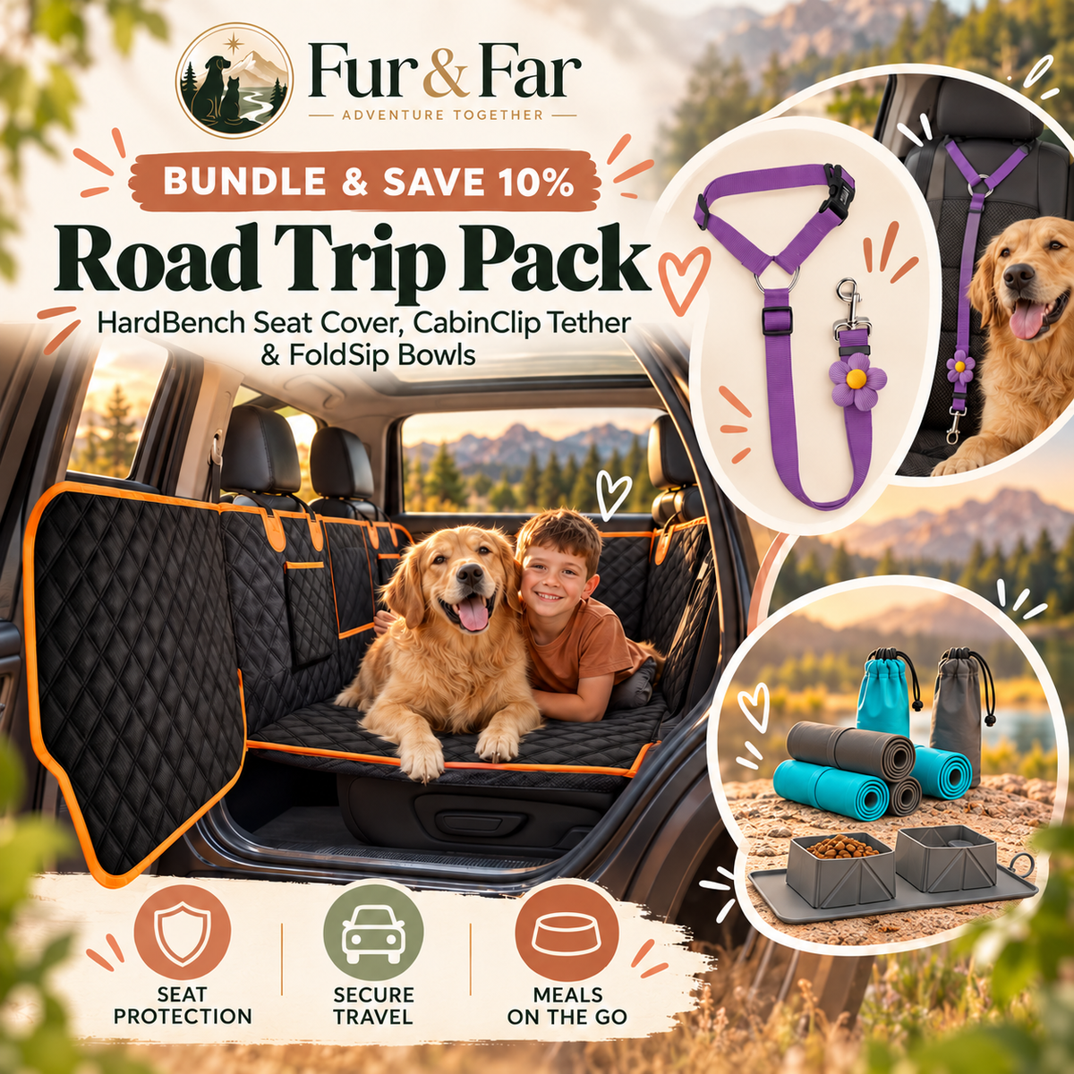 Fur & Far Road Trip Pack bundle featuring a black quilted pet car seat cover with orange trim, a purple harness, leash, and clip set, and collapsible pet bowls shown in a car trunk with a dog and child, plus inset product details and feature icons.