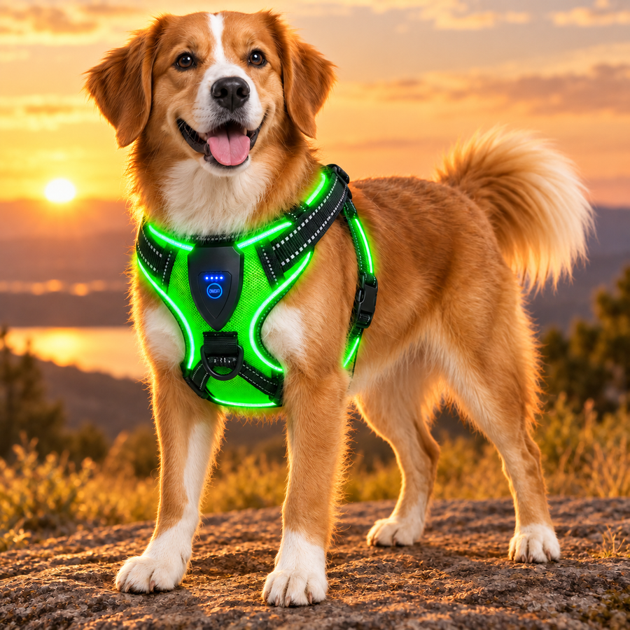 Dog wearing Fur & Far green LED safety harness outdoors at sunset