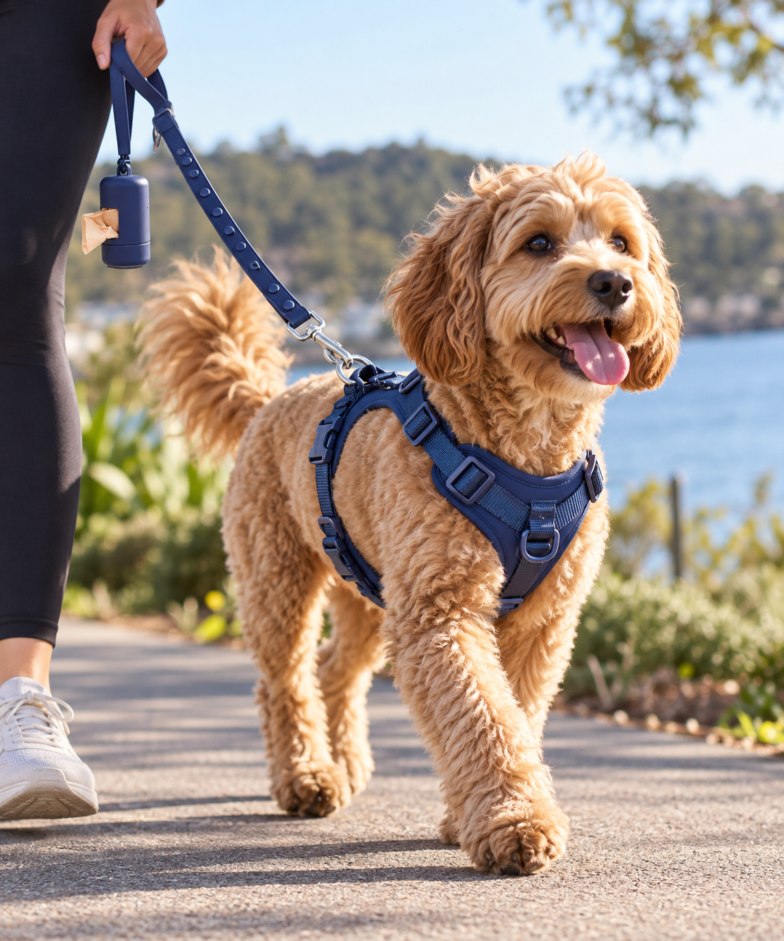Dog walking outdoors in the Fur & Far IronWalk navy adjustable harness and matching lead